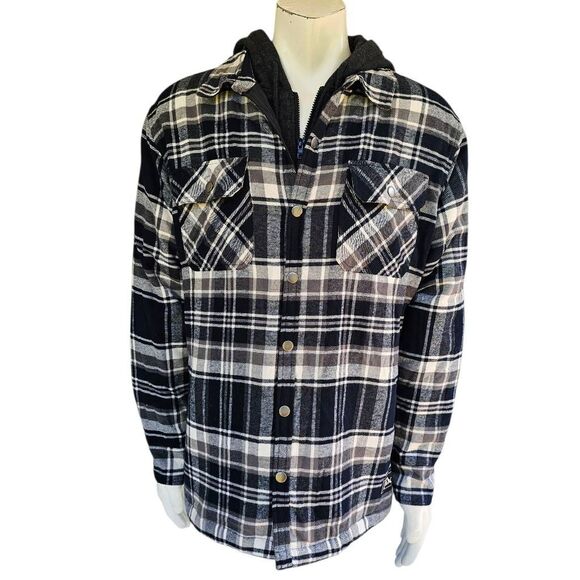 NWT Eddie Bauer Men’s Large Hooded Shirt Jacket Gunmetal Soloman Plaid shacket - Picture 1 of 10